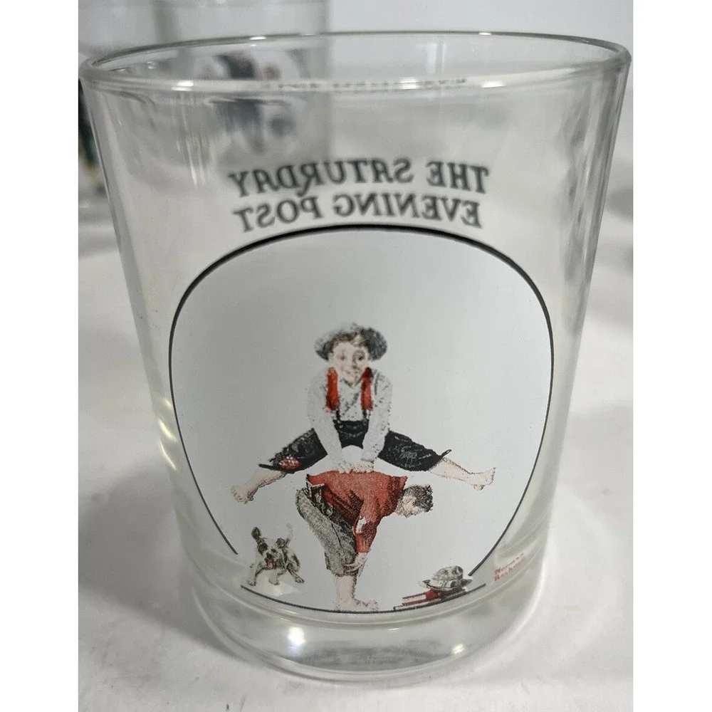 Lot of 7 Norman Rockwell The Saturday Evening Post Whiskey Bar Glasses Vintage